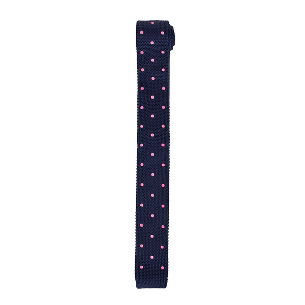 Cravate tricot bleue à pois roses