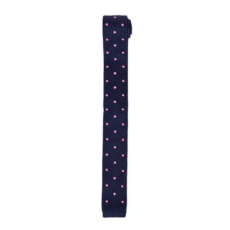 Cravate tricot bleue à pois roses